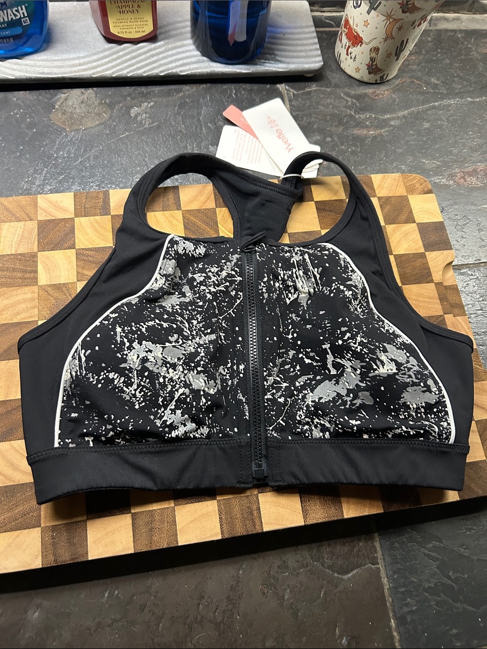 Front-Zip Black Sports Bra with Gray Splatter Accent